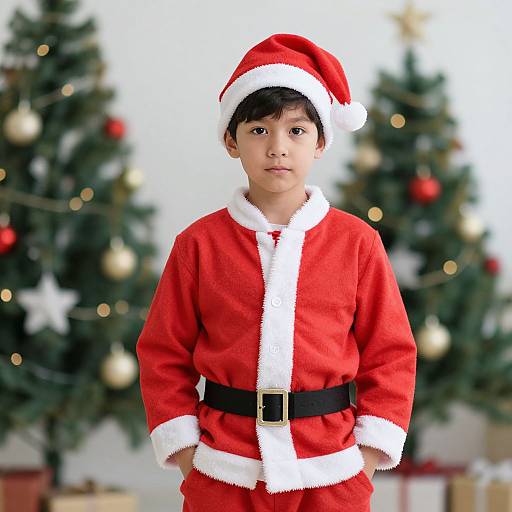 Photograph of a young boy with medium brown skin, wearing a red Santa outfit with white trim, black belt, and Santa hat, standing in front