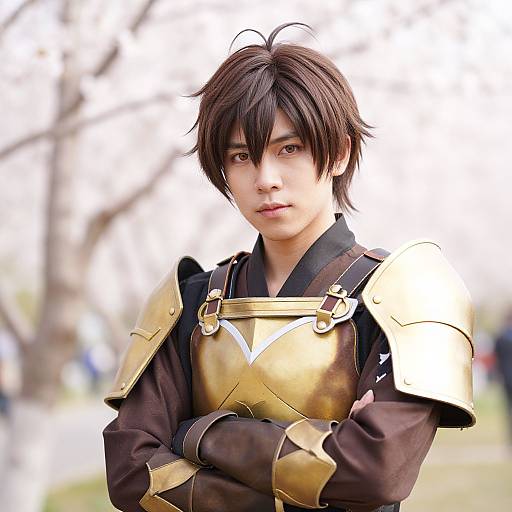 Photograph of an Asian male cosplayer with black hair, wearing gold armor over a brown shirt, standing outdoors with blurred trees.