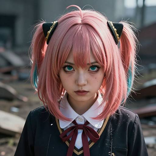 Photograph of a young woman with pink pigtails, blue eyes, and freckles, wearing a black school uniform with a white collar and