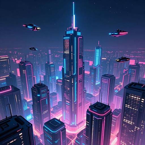 Digital artwork of a futuristic cityscape at night, featuring neon-lit skyscrapers, glowing pink and blue lights, and three hovering UFOs in