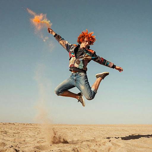 Energetic Jumping Figure with Vibrant Powder