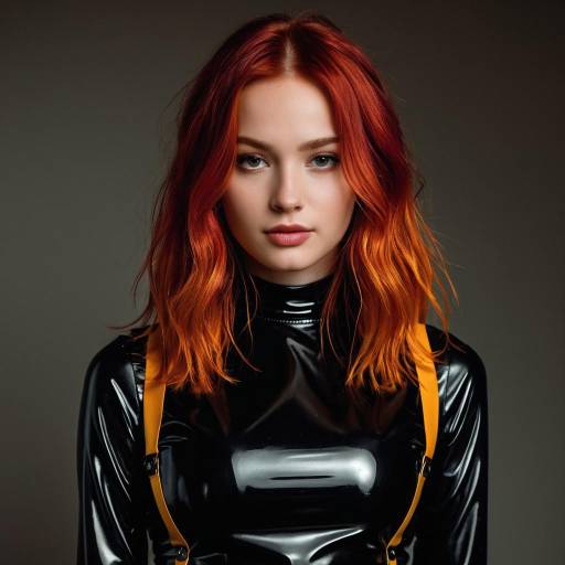 Young Woman with Red Hair in Black Latex Outfit