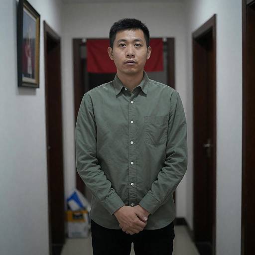 Asian Man in Dimly Lit Hallway