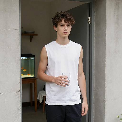 Young Man in Doorway with Glass Cup