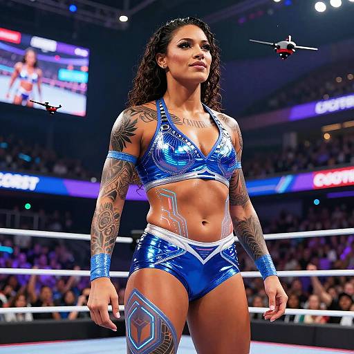 Photograph of a muscular, tattooed woman with dark curly hair, wearing a shiny blue wrestling outfit, standing confidently in a brightly lit wrestling ring with