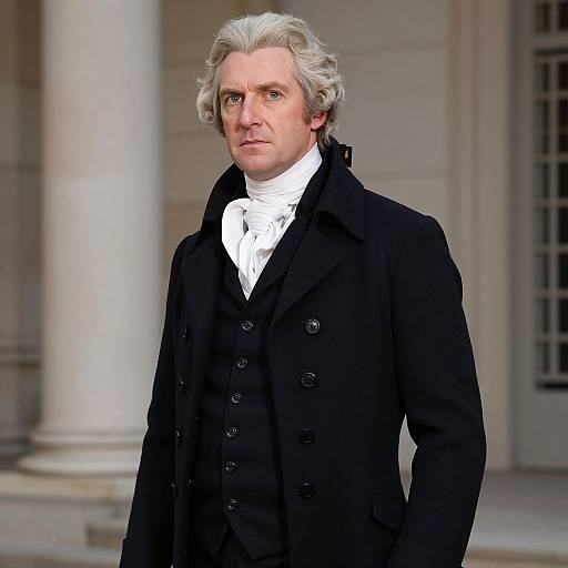 Photograph of an older white man with gray curly hair, wearing a black coat, white shirt, and black vest, standing in front of a classical