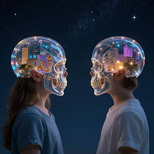 Photograph of two people, a woman and a man, wearing illuminated skull helmets with cityscape interiors, against a night sky.