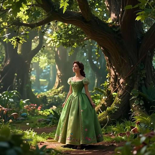Digital artwork of a brunette woman in a green, ornately-embroidered ball gown, standing in a sunlit, enchanted forest with towering trees