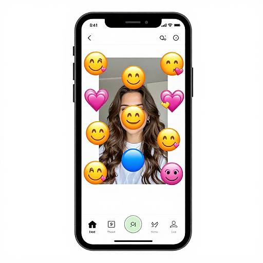 Photograph of a smartphone screen showing a woman with wavy brown hair, face covered by smiling emojis and pink hearts, in a white shirt, with