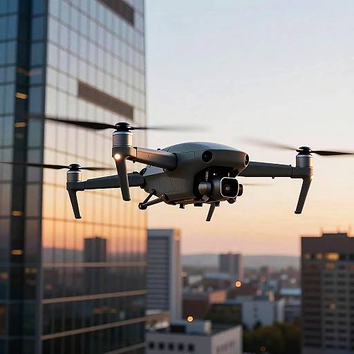 Photograph of a silver drone flying in front of modern glass skyscrapers at sunset, with a cityscape in the blurred background.