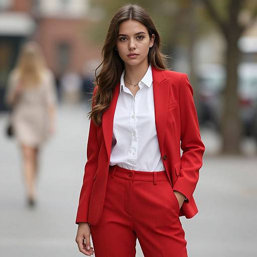 Photograph of a confident woman with long brown hair, wearing a bright red blazer and pants, white shirt, standing in an urban street with blurred