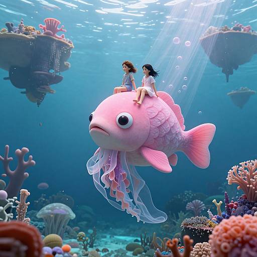 Digital artwork: Two anime-style girls with dark hair sit atop a large, pink, jellyfish-like fish in a vibrant underwater scene with colorful coral reefs