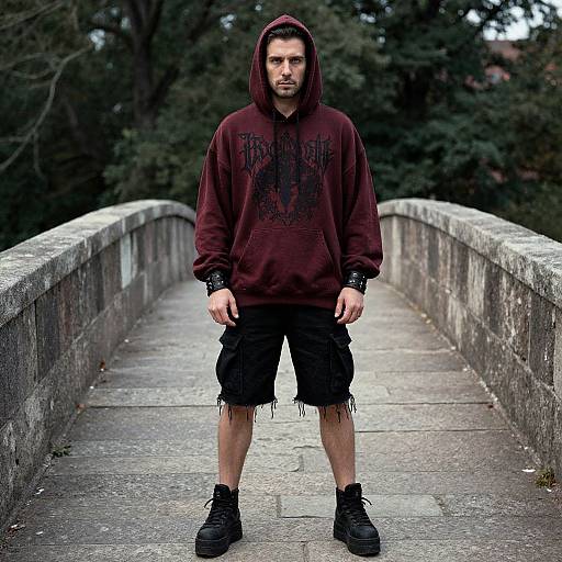 Photograph of a serious, bearded man in a maroon hoodie, black cargo shorts, and black sneakers standing on a concrete bridge. Forest background