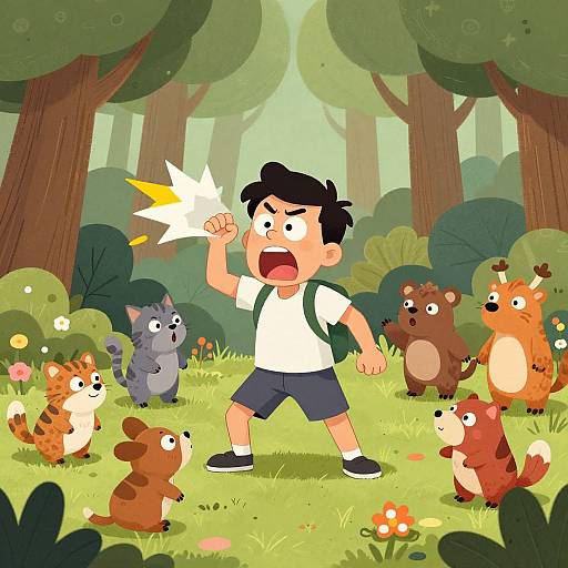 Cartoon boy in white shirt, blue shorts, black hair, shouting, fist raised, surrounded by colorful forest animals in lush green forest.