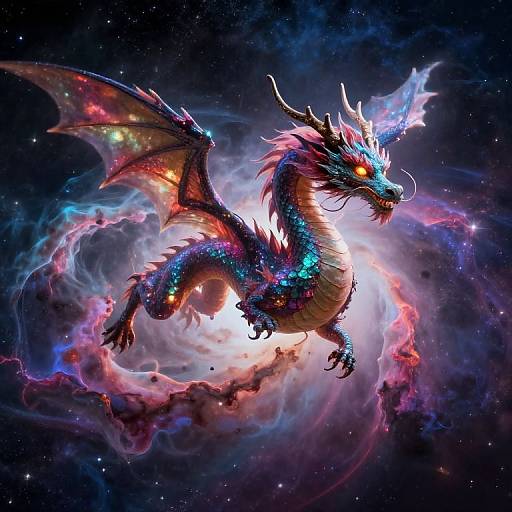 Digital artwork of a vibrant, cosmic dragon with glowing blue and red scales, fiery eyes, and ethereal wings, surrounded by colorful, swirling nebula