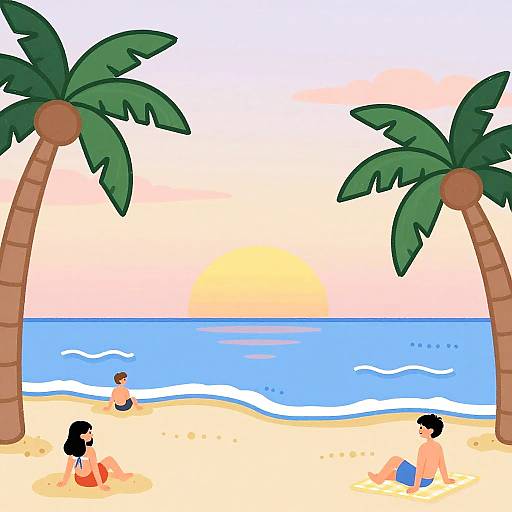 Cartoon Beach Sunset with Palm Trees