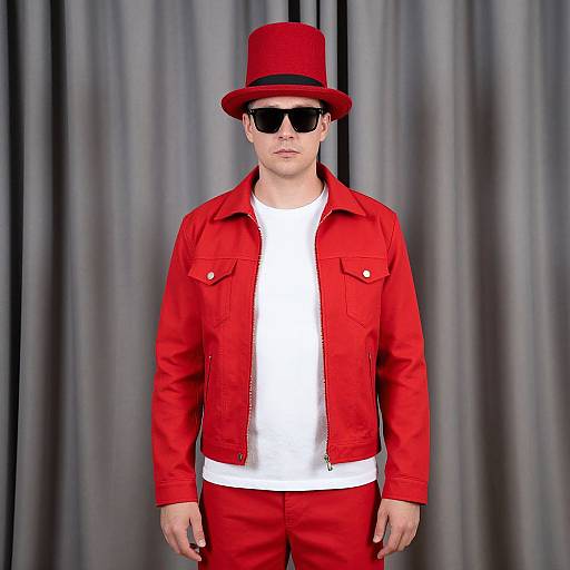 Photograph of a man in a red jacket, white shirt, red pants, and matching red hat with black sunglasses, standing against gray curtains.