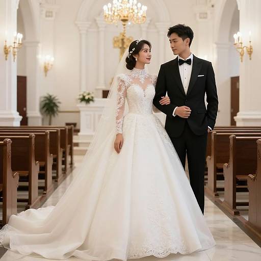 Photograph of a bride in a white lace gown and veil, and groom in a black tuxedo, standing in a brightly lit, ornate
