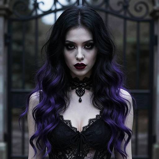 Digital gothic portrait of a pale woman with long, wavy black and purple hair, wearing a lacy black dress and choker, in front