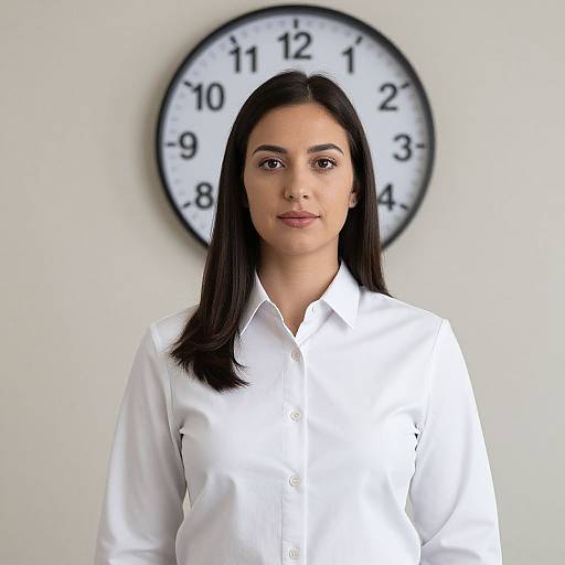 Photograph of a serious, dark-haired woman in a white button-up shirt standing in front of a wall clock showing 10:10.