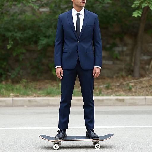 Photograph of a bald man in a navy suit, white shirt, and black tie, standing on a skateboard in an outdoor setting with green foliage and