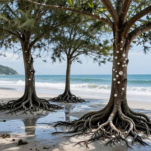 Photograph of three trees with visible roots on a sandy beach, white spherical fruits on trunks, ocean waves in background.