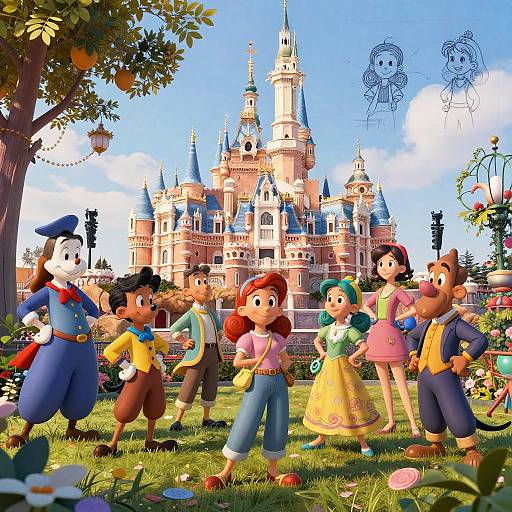 Digital illustration of Disney-style characters in front of a fairy-tale castle, with two simple line drawings of characters in the sky. Bright colors, detailed