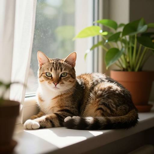 Photograph of a tabby cat with green eyes, lying on a sunlit windowsill, next to a potted plant, bathed in natural