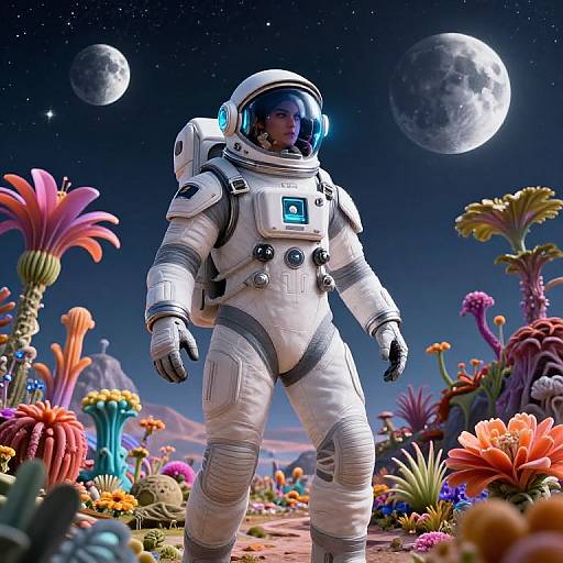 Digital CGI of an astronaut in a white spacesuit with a blue visor, standing on a colorful, alien planet with vibrant flora and two large moons