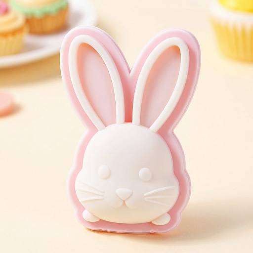 Photograph of a white ceramic bunny with pink trim, standing upright with large pink ears, blurred colorful background with pastries.