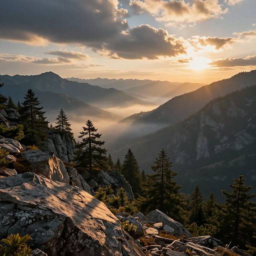 Photograph of a dramatic sunset over a mountainous forest, with golden sunlight filtering through clouds, casting shadows on rocky terrain and pine trees.