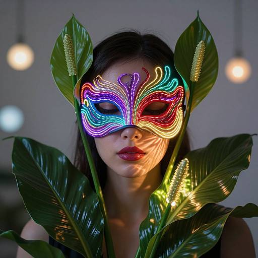 Photograph of an Asian woman with dark hair, wearing a colorful, glowing masquerade mask, surrounded by large green leaves, with soft, blurred
