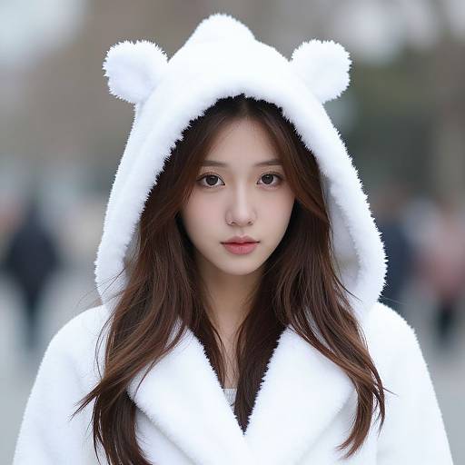 Photograph of an Asian woman with long brown hair, wearing a fluffy white bear hooded coat, standing outdoors with a blurred urban background.