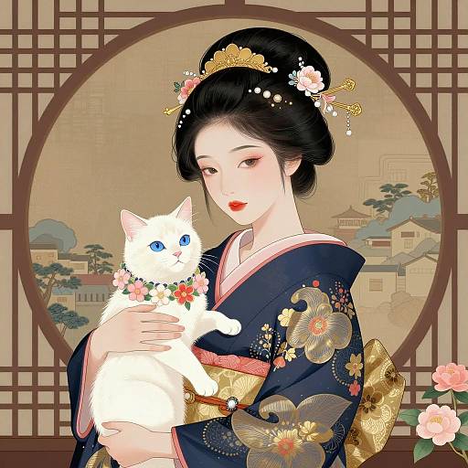 Elegant Asian Woman With Floral Cat