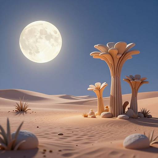 Photorealistic CGI of a desert landscape with surreal, flower-like plants under a bright full moon in a clear blue sky.