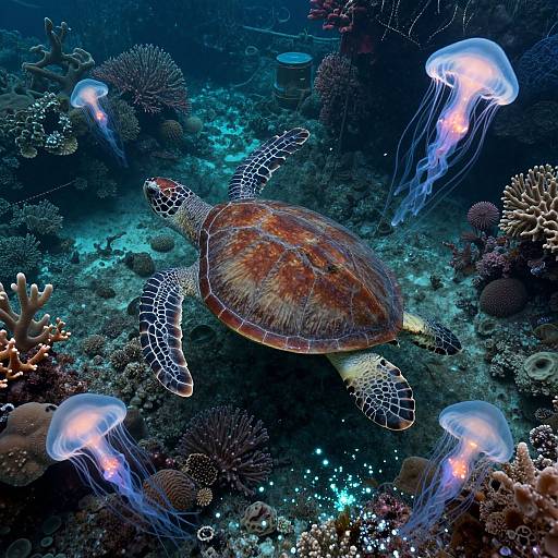 Photograph of a vibrant underwater scene featuring a brown-spotted sea turtle surrounded by glowing blue jellyfish among colorful coral reefs.