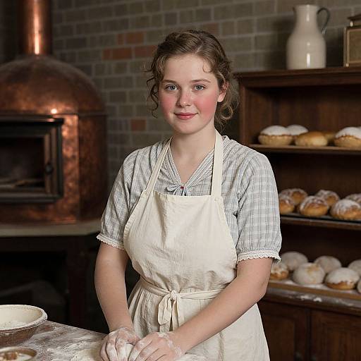 Photograph of a young, fair-skinned woman with brown hair in a vintage, blue-checkered shirt and white apron, standing in a rustic