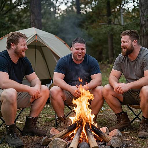Three bearded, muscular men in black and gray shirts, brown boots, sitting around a campfire, laughing, in a forest with a tent.