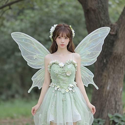 Photograph of a young woman with fair skin, long brown hair, wearing a green fairy dress with white floral details, transparent wings, and a flower
