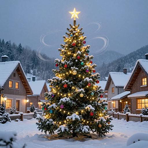 Festive Christmas Tree in Snowy Village