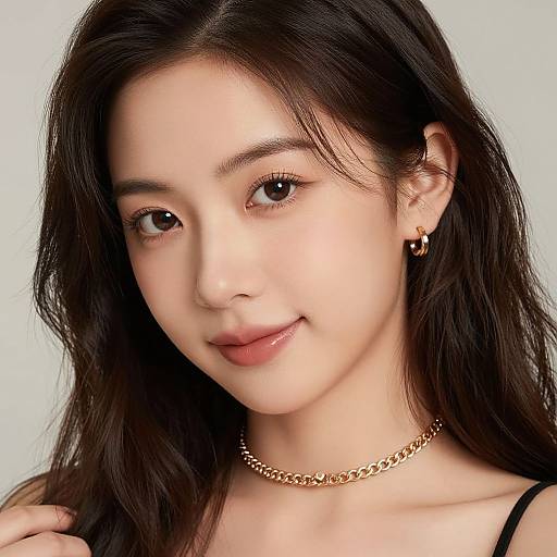 Photograph of an East Asian woman with long black hair, fair skin, brown eyes, wearing gold hoop earrings and a gold chain necklace, smiling softly