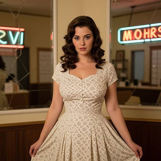 Photograph of a dark-haired woman with curled hair, wearing a vintage cream floral dress, standing in a dimly lit diner with neon 