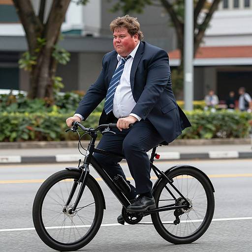 Photograph of a heavyset man in a dark suit, white shirt, and blue tie riding a black bicycle on a city street.