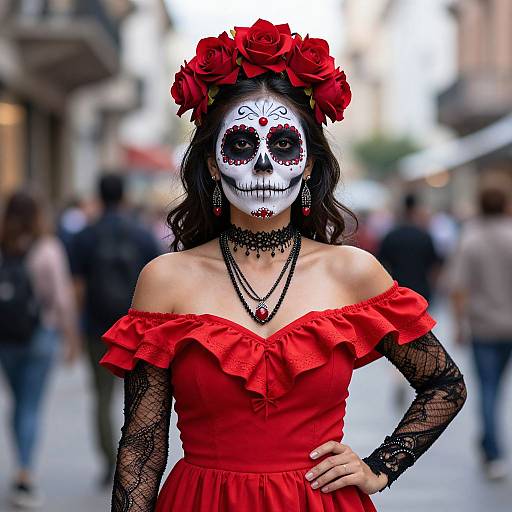 Photograph of a woman in a red off-shoulder dress, black lace sleeves, floral crown, white skull face paint, standing in a blurred