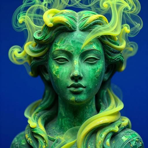 Photograph of a green bronze statue with yellow, ethereal smoke swirling around its head and shoulders, against a vibrant blue background.