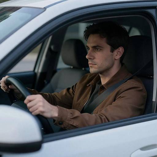 Serious Driver in Blue-Tinted Sedan