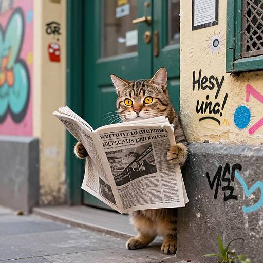 Photograph of a tabby cat with yellow eyes reading a newspaper against a graffiti-covered, green door, with 