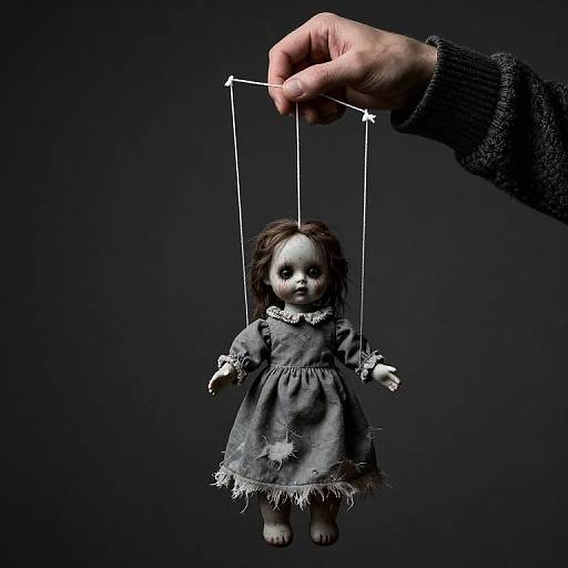 Photograph of a worn, gray, doll with eerie expression, hanging by white strings from a hand against a dark background.