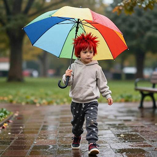Photograph of a young boy with bright red spiky hair, wearing a gray hoodie and black pants, holding a rainbow umbrella on a rainy park path