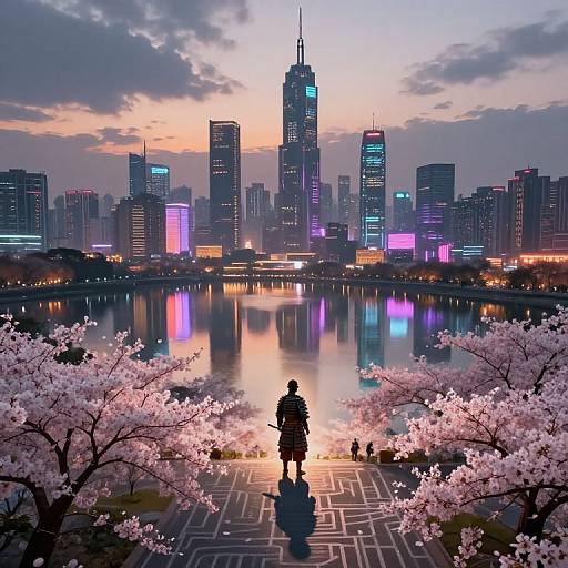 Silhouetted person standing on patterned path, facing illuminated city skyline with reflection on calm river, surrounded by pink cherry blossoms at sunset.